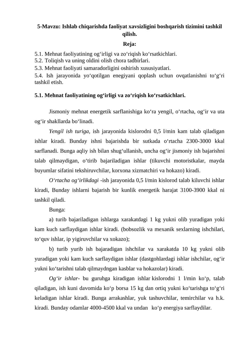 Ishlab chiqarishda faoliyat xavsizligini boshqarish tizimini tashkil qilish