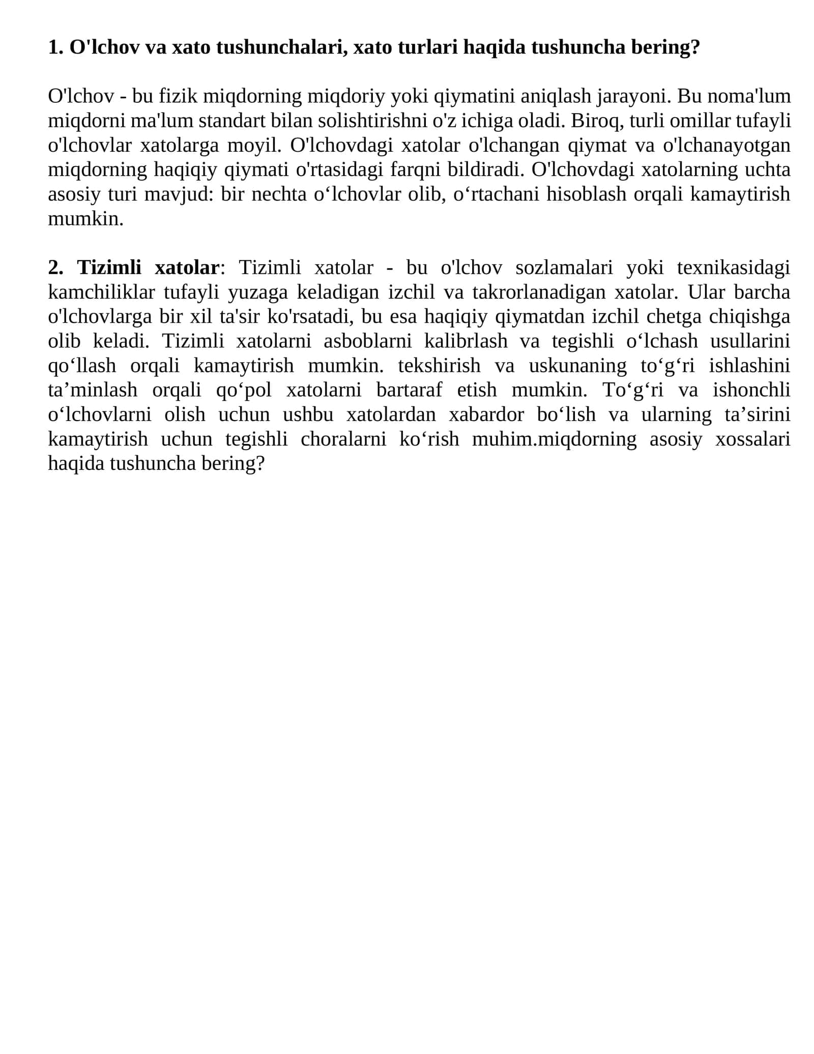 O'lchov va xato tushunchalari, xato turlari