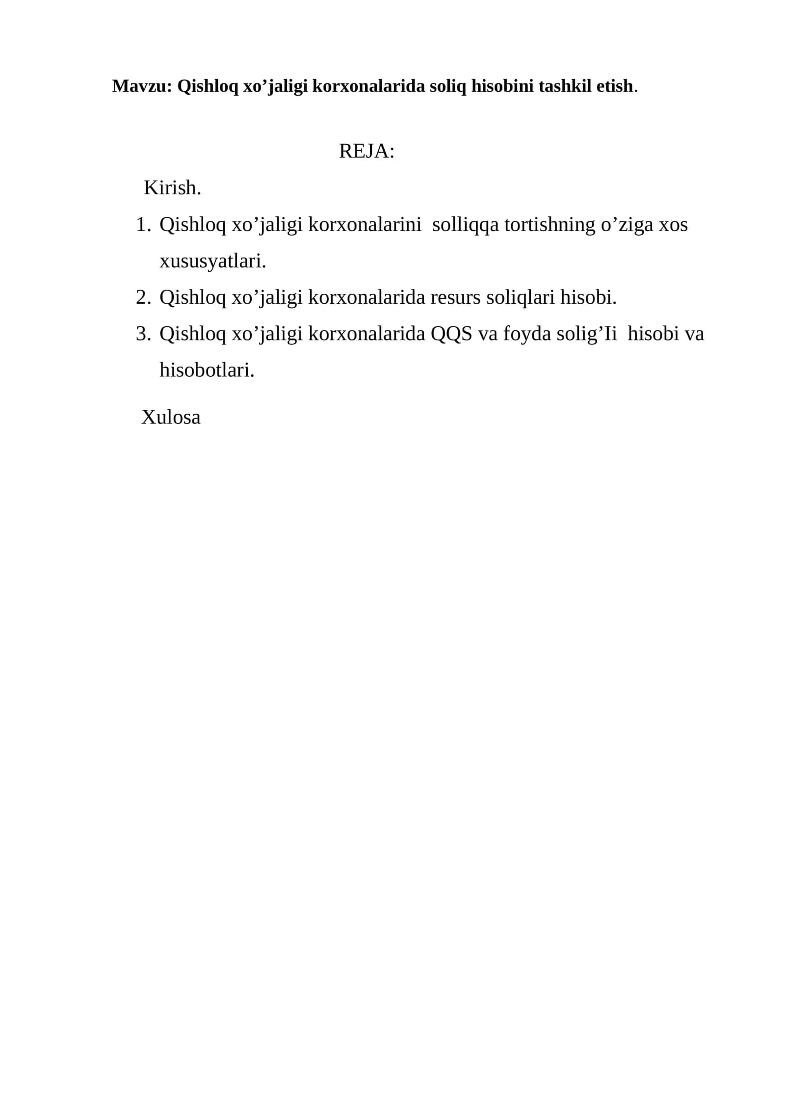 Qishloq xo’jaligi korxonalarida soliq hisobini tashkil etish