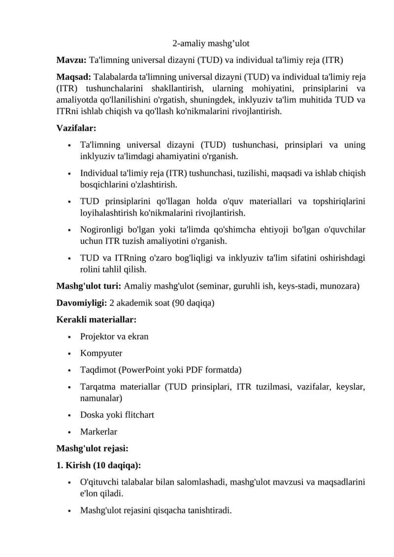 Ta'limning universal dizayni (TUD) va individual ta'limiy reja (ITR)