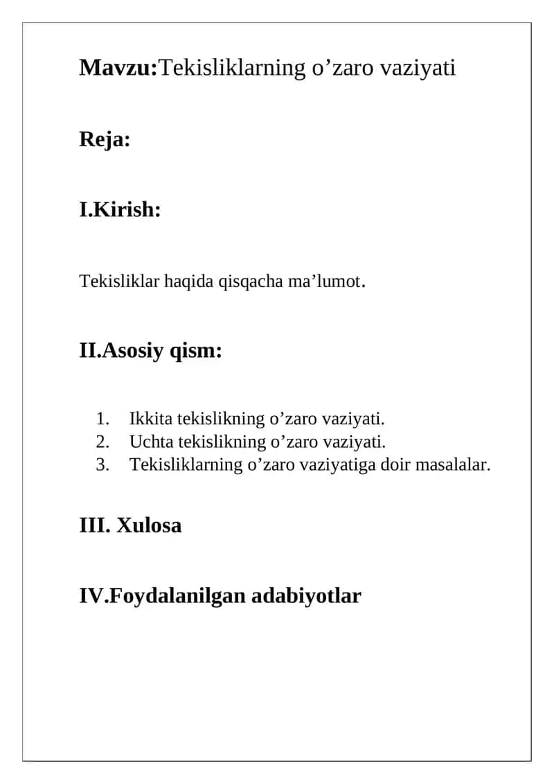 Tekisliklarning o’zaro vaziyati