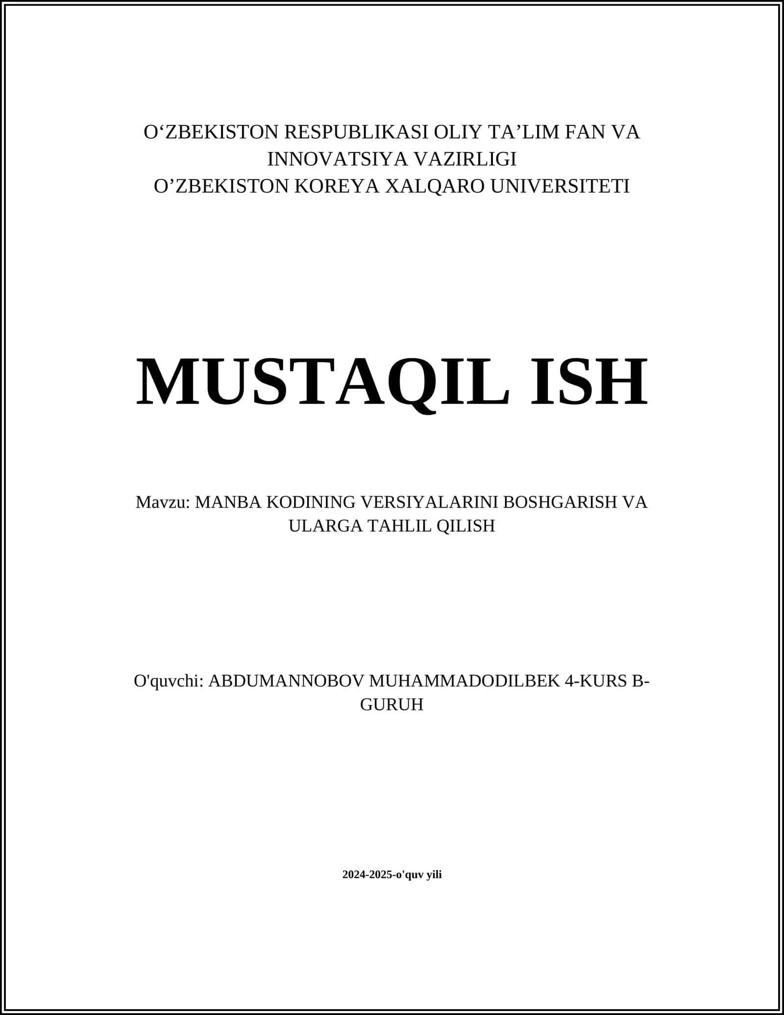 MANBA KODINING VERSIYALARINI BOSHGARISH VA ULARGA TAHLIL QILISH