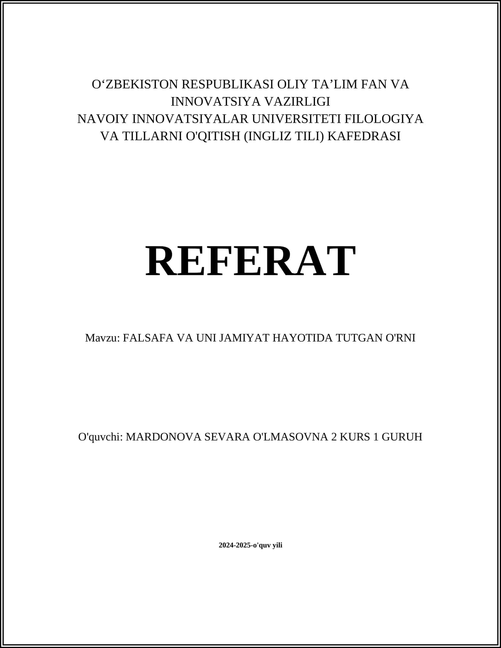 FALSAFA VA UNI JAMIYATIDA TUTGAN O'RNI