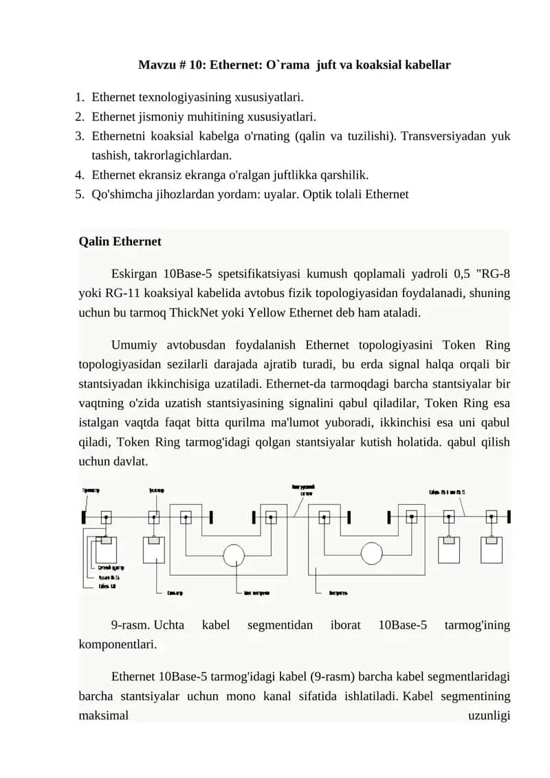 Ethernet: O`rama juft va koaksial kabellar
