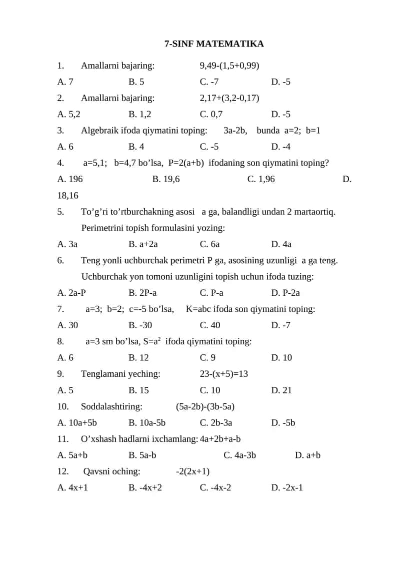 7-SINF MATEMATIKA