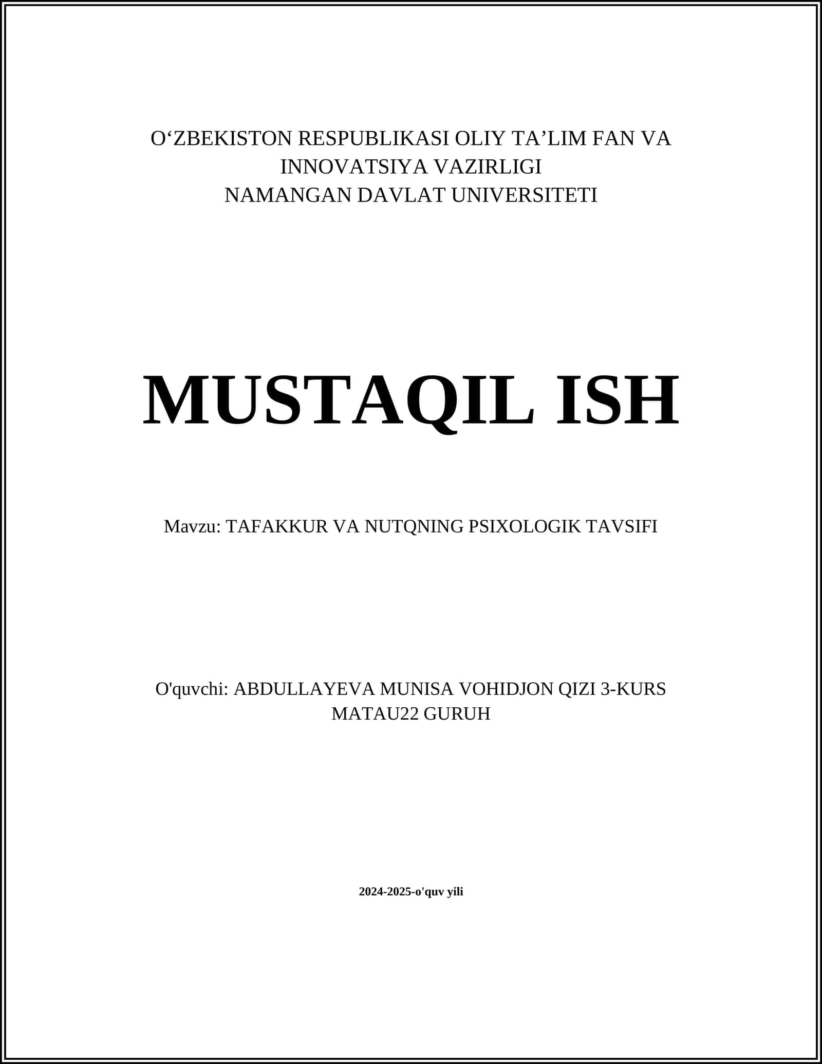 TAFAKKUR VA NUTQNING PSIXOLOGIK TAVSIFI