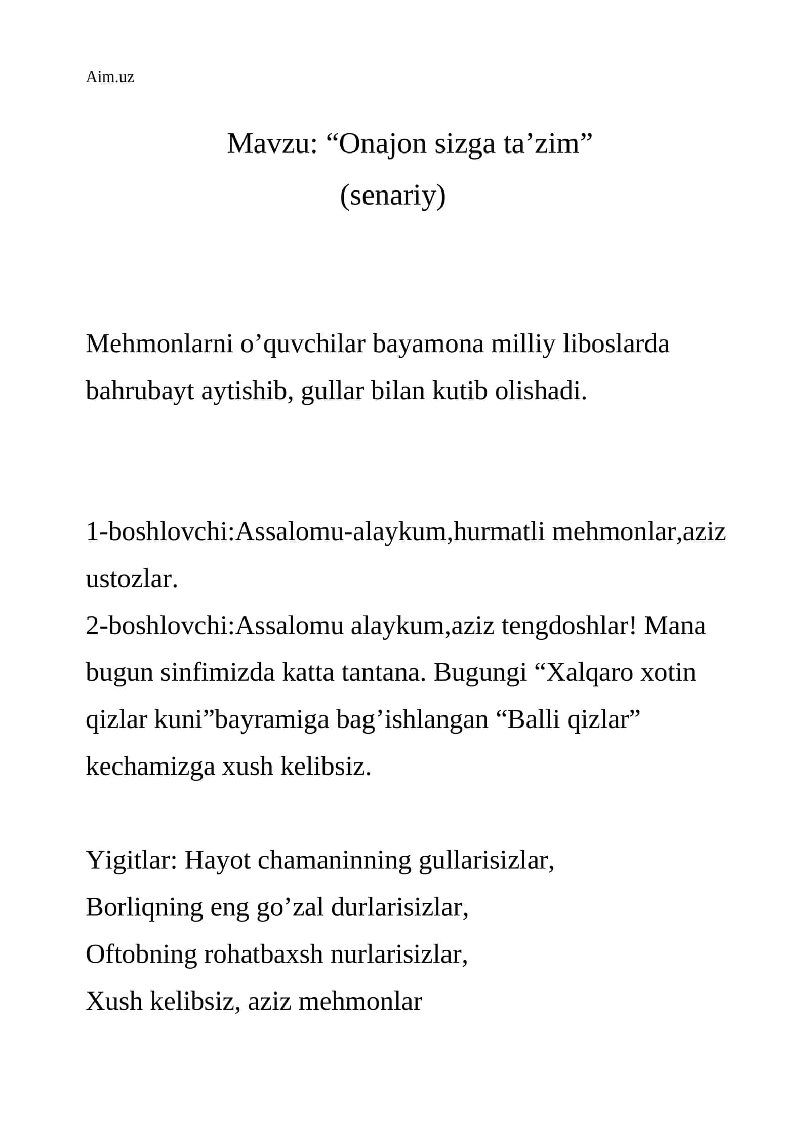 “Onajon sizga ta’zim” (senariy)