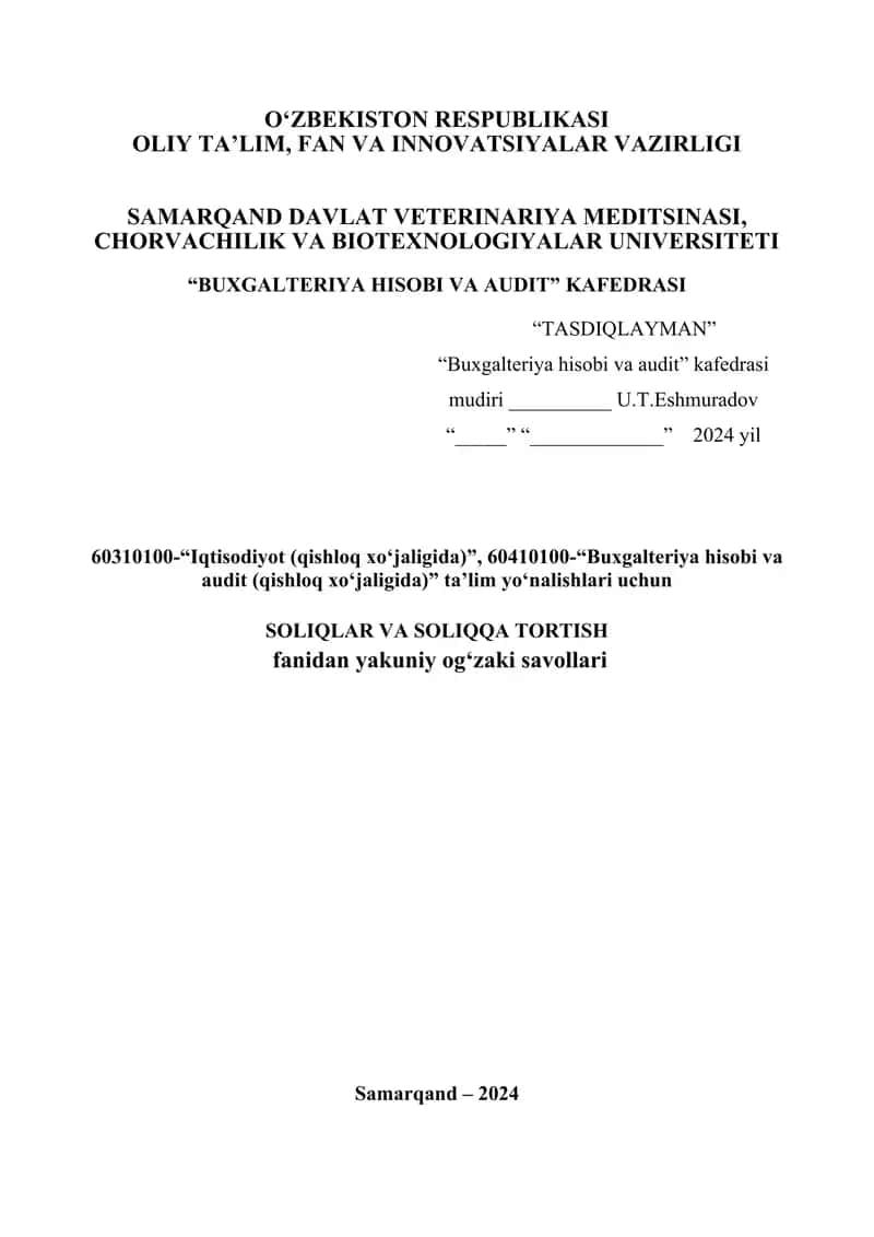 Buxgalteriya hisobi va audit Kafedrasi yakuniy test savollari