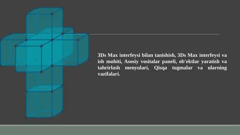 3Ds Max interfeysi bilan tanishish, 3Ds Max interfeysi va ish muhiti, Asosiy vositalar paneli, ob'ektlar yaratish va tahrirlash menyulari, Qisqa tugmalar va ularning vazifalari.