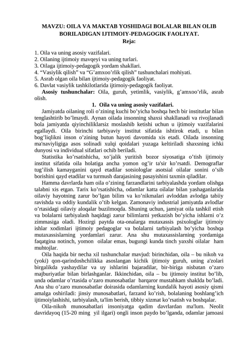 Oila va Maktab Yoshidagi Bolalar Bilan Olib Boriladigan Ijtimoiy-Pedagogik Faoliyat