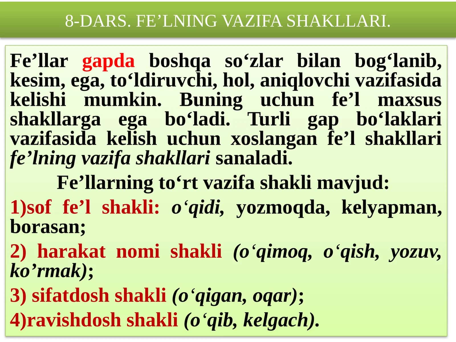 FE’LNING VAZIFA SHAKLLARI