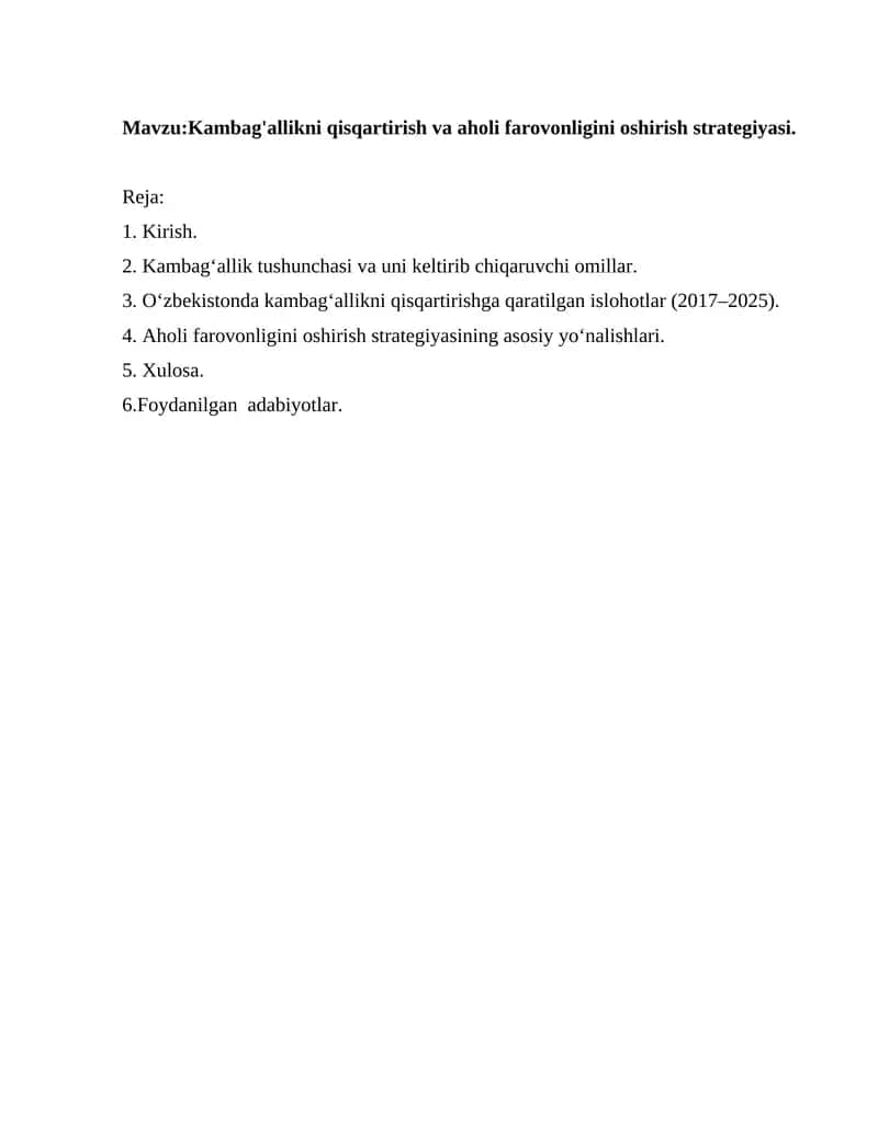 Kambag'allikni qisqartirish va aholi farovonligini oshirish strategiyasi