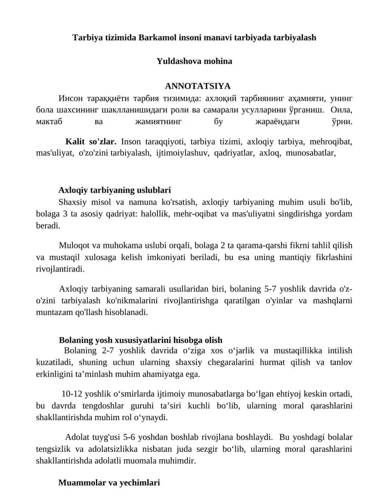 Tarbiya tizimida Barkamol insoni manavi tarbiyada tarbiyalash