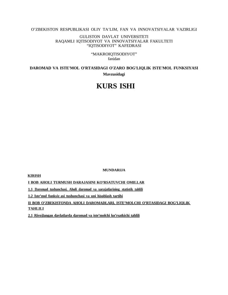 DAROMAD VA ISTEMOL ORTASIDAGI BOG'LIQLIK