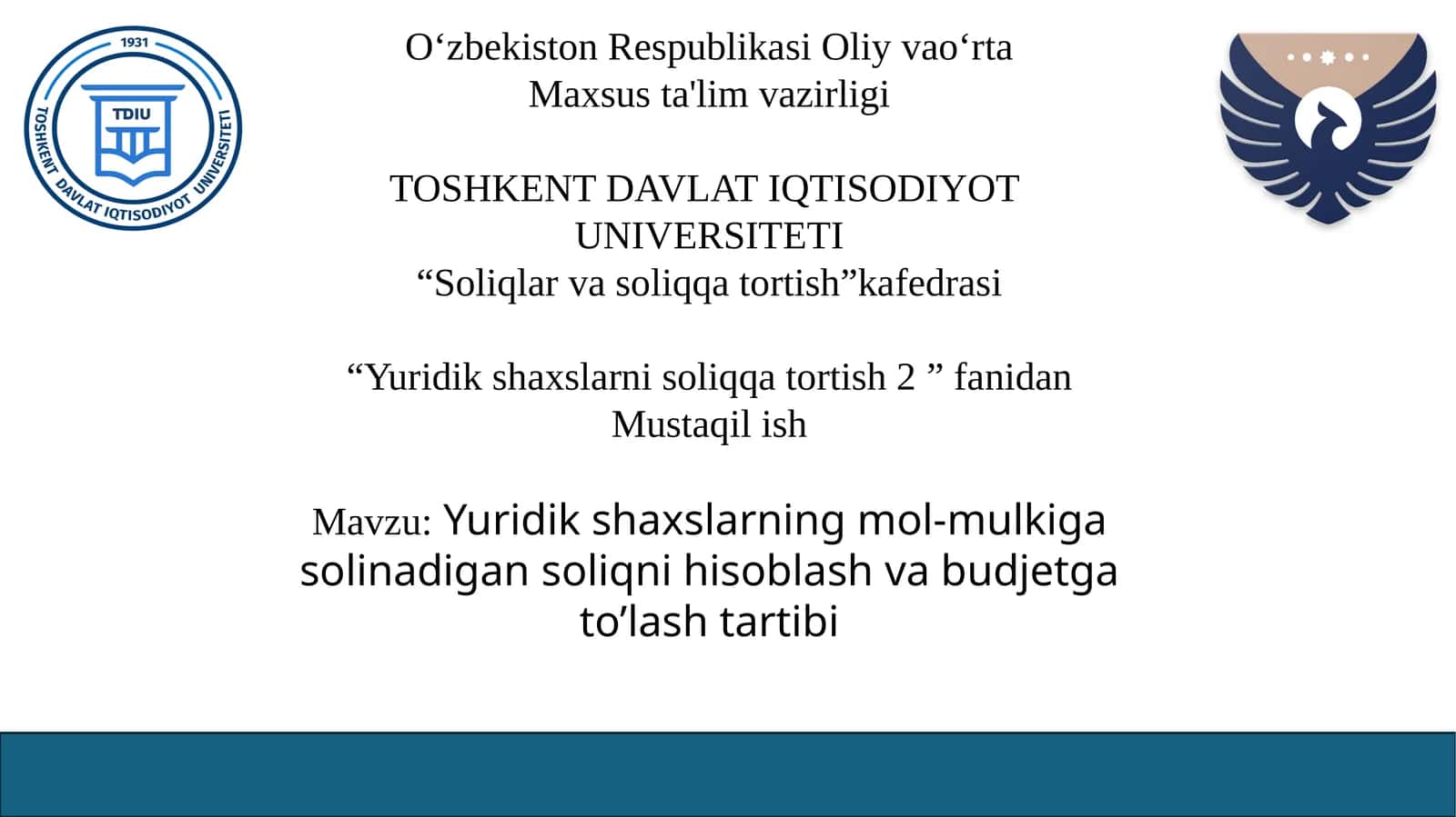 Yuridik shaxslarning mol-mulkiga solinadigan soliqni hisoblash va budjetga toʻlashtirish tartibi