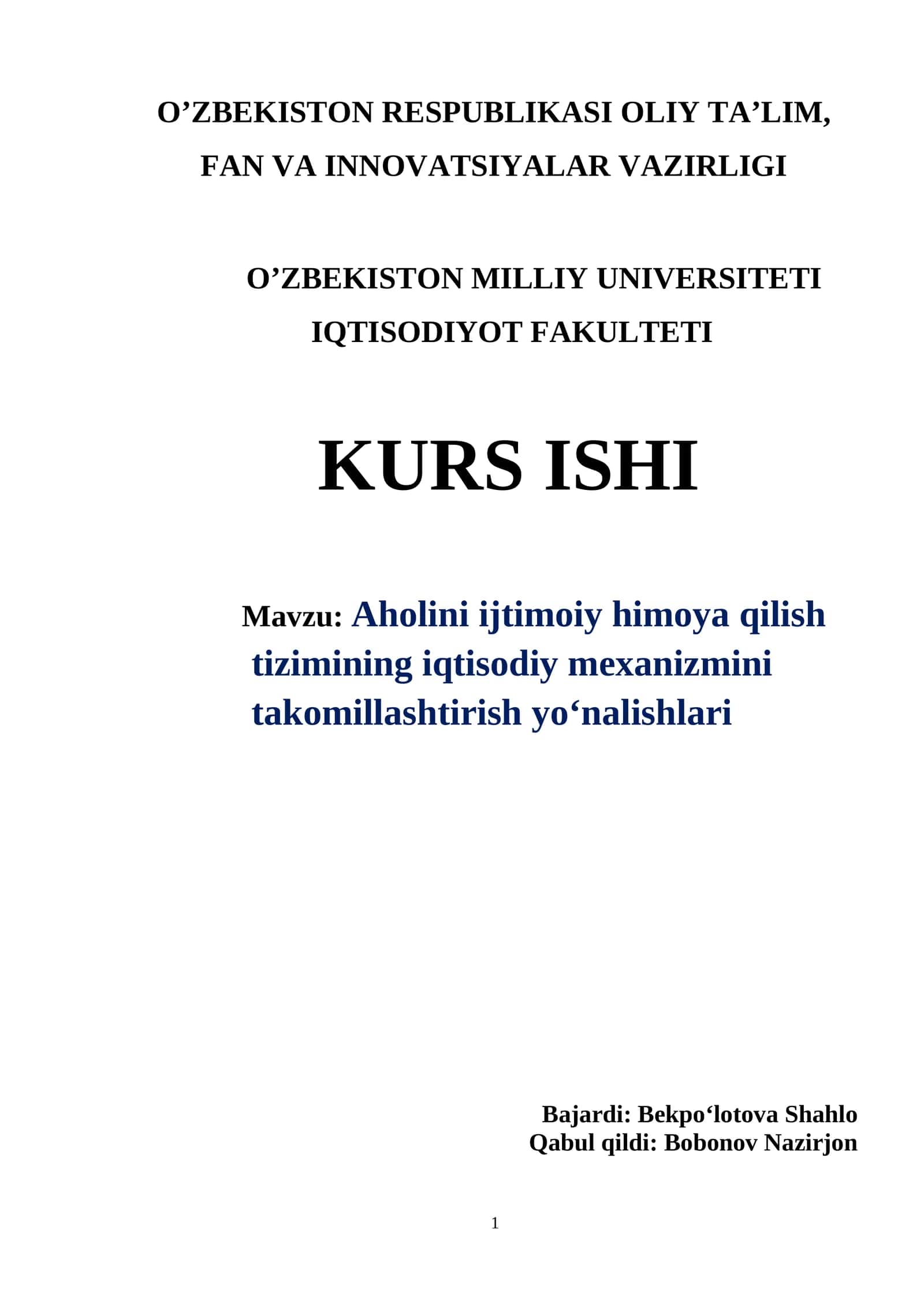 Aholini ijtimoiy himoya qilish tizimining iqtisodiy mexanizmini takomillashtirish yo‘nalishlari