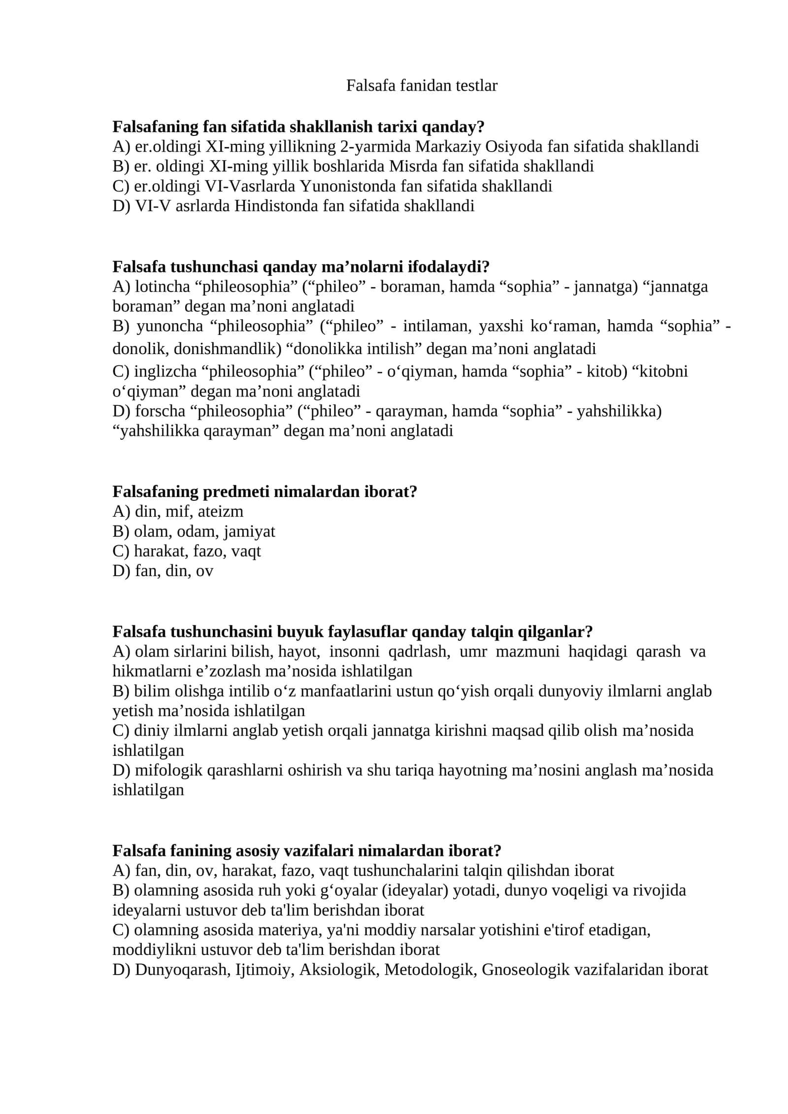Falsafa fanidan testlar
