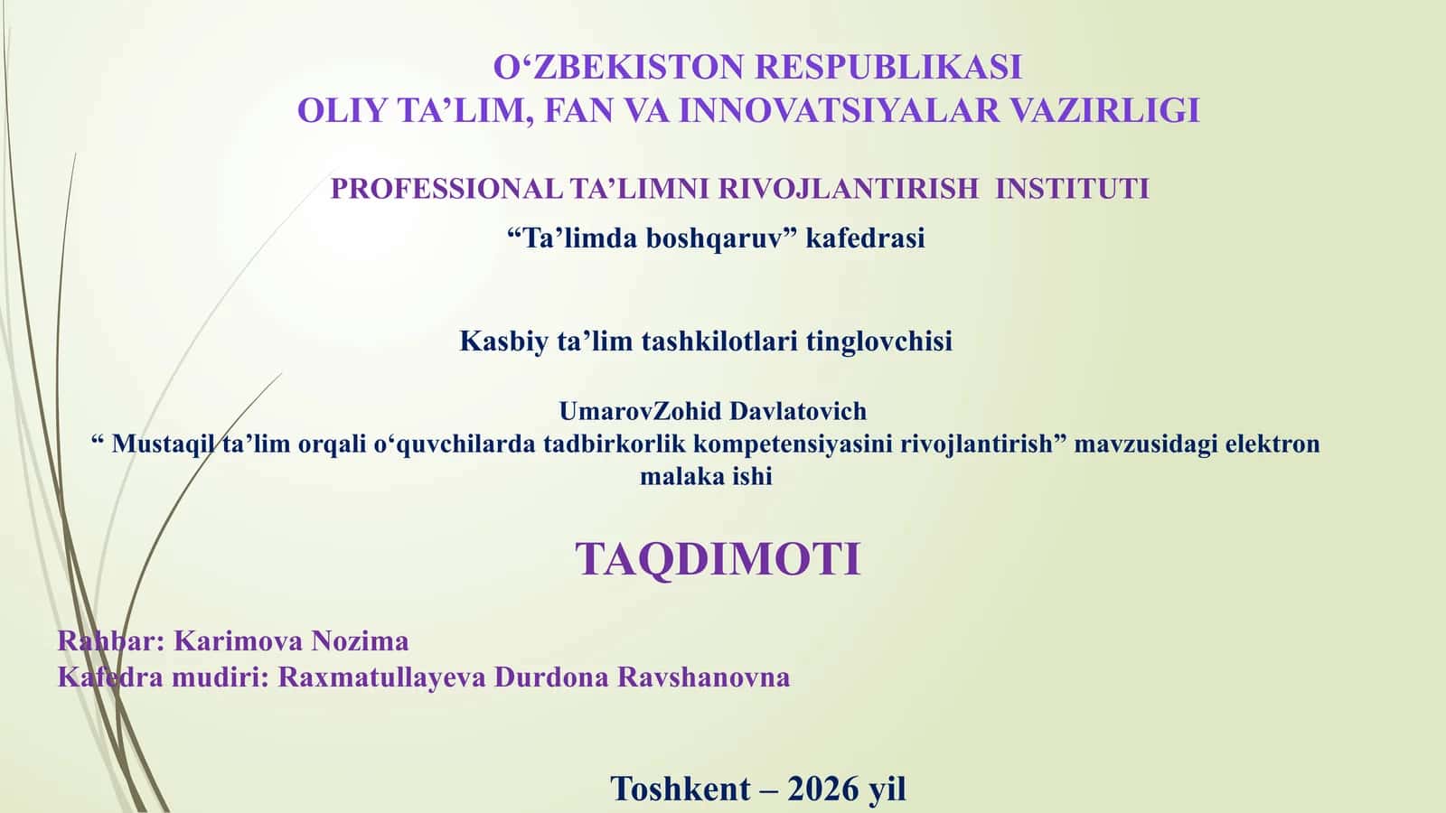 "Mustaqil ta’lim orqali o‘quvchilarda tadbirkorlik kompetensiyasini rivojlantirish"