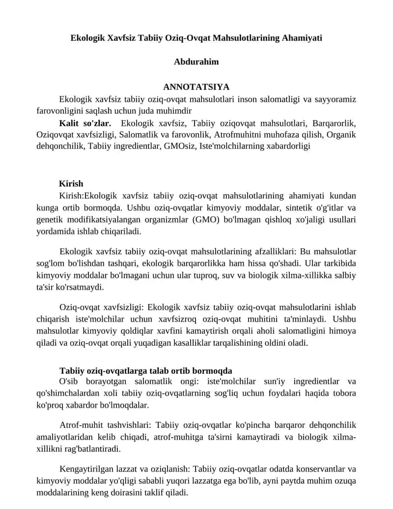 Ekologik Xavfsiz Tabiiy Оziq-Оvqat Mahsulotlarining Ahamiyati