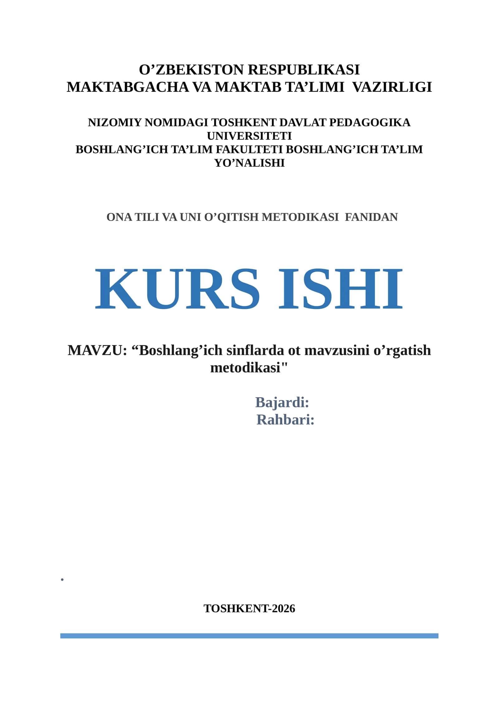 Boshlang’ich sinflarda ot mavzusini o’rgatish metodikasi KURS ISHI 2026 YIL