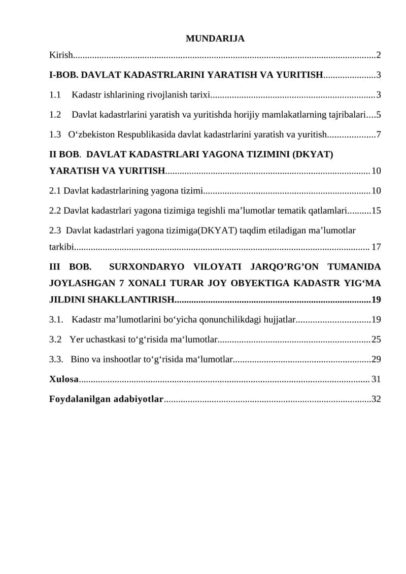 DAVLAT KADASTRLARINI YARATISH VA YURITISH.kurs ishi