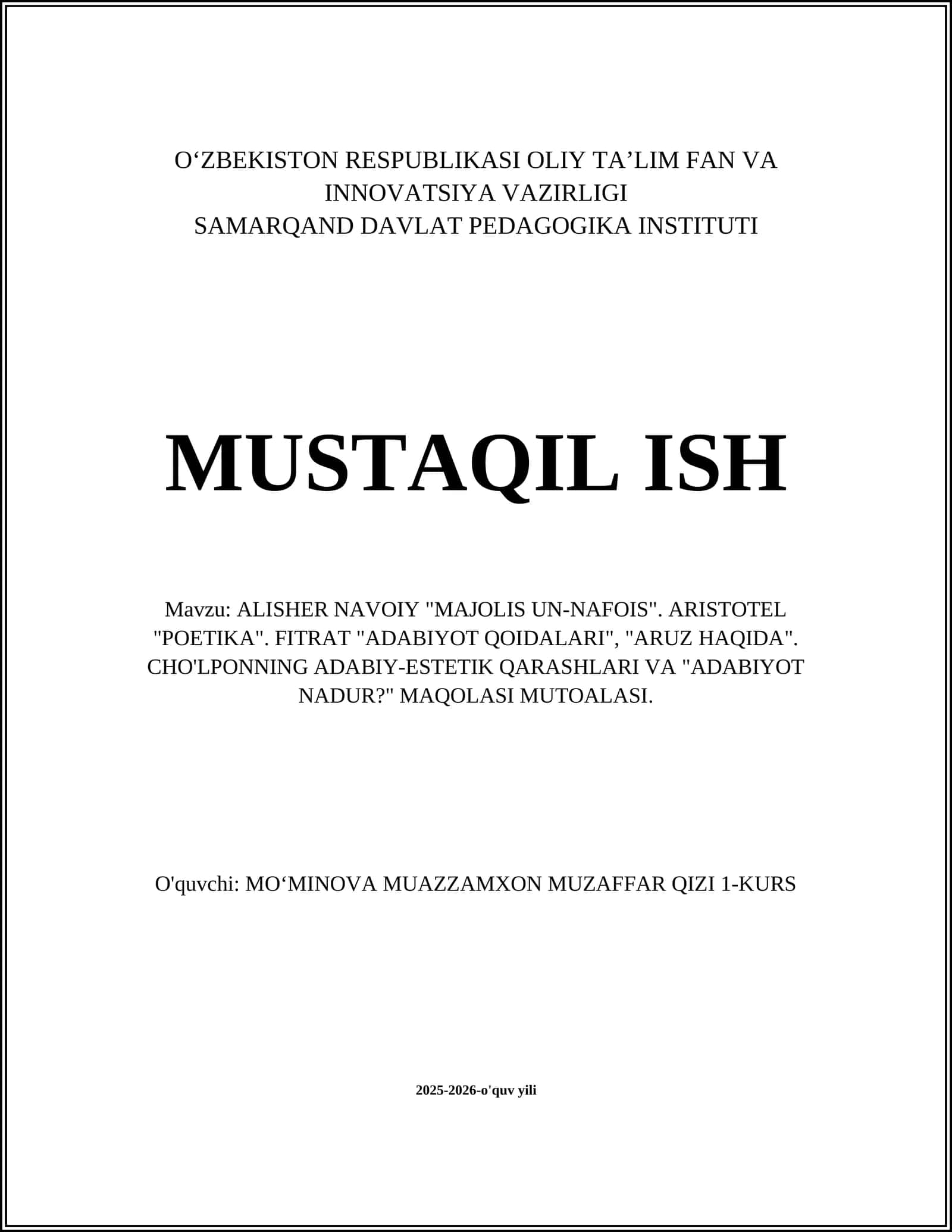ALISHER NAVOIY "MAJOLIS UN-NAFOIS"