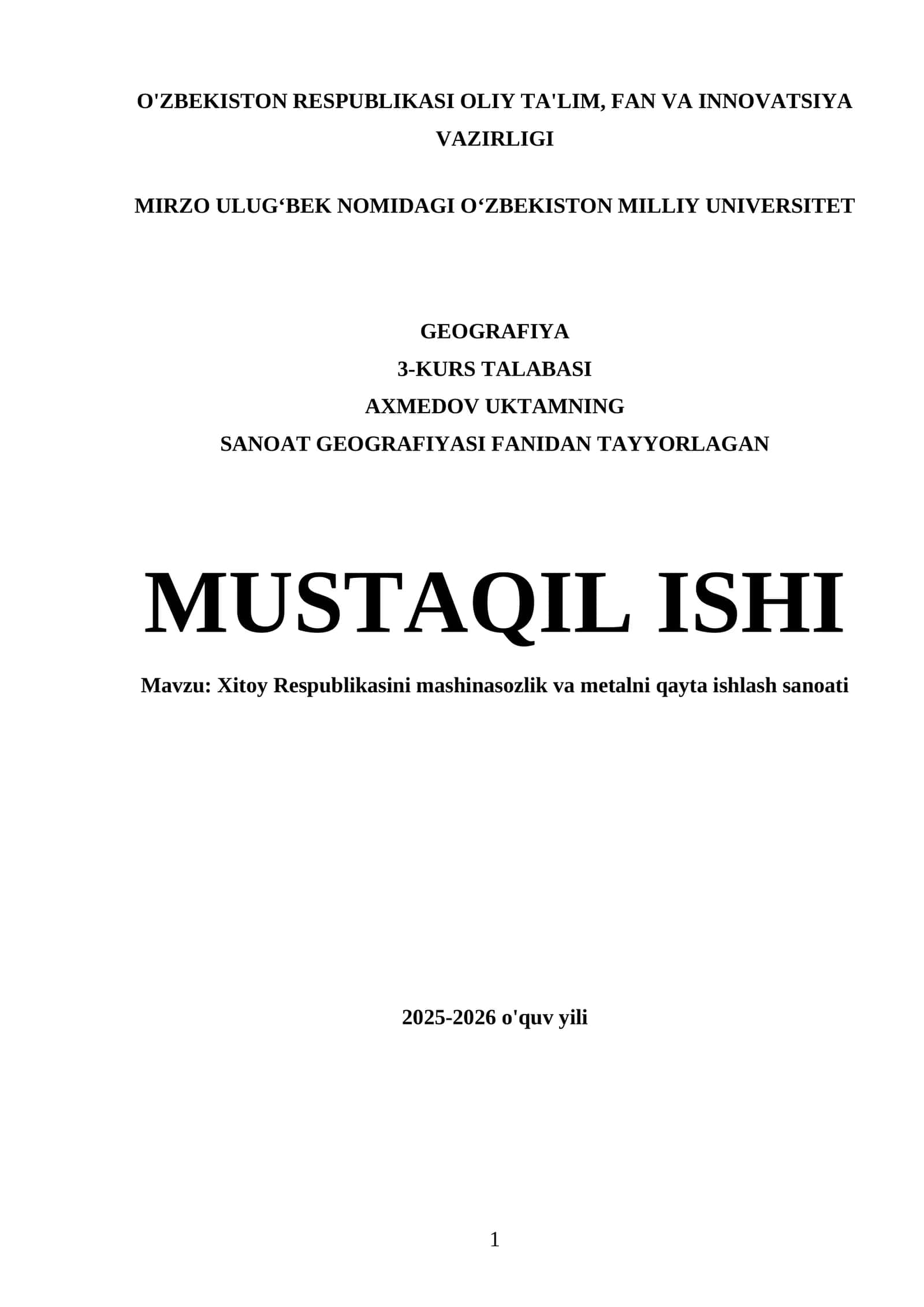 Xitoy Respublikasini mashinasozlik va metalni qayta ishlash sanoati