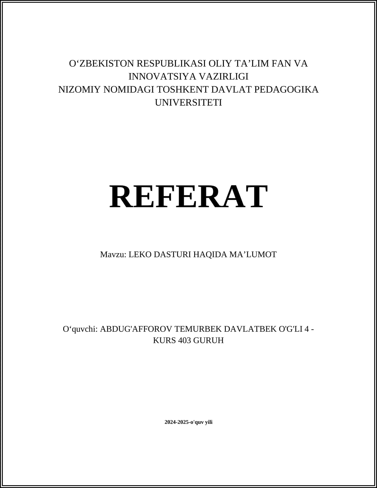 LEKO DASTURI HAQIDA MAʼLUMOT
