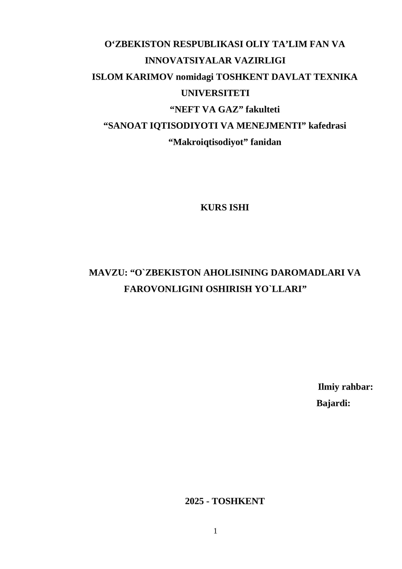 O`ZBEKISTON AHOLISINING DAROMADLARI VA FAROVONLIGINI OSHIRISH YO`LLARI