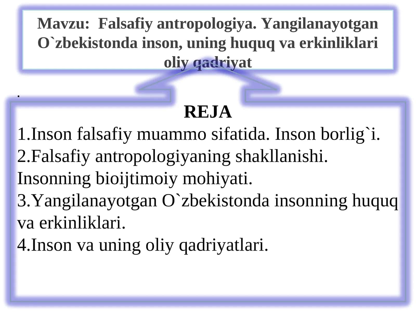 Falsafiy antropologiya. Yangilanayotgan O`zbekistonda inson, uning huquq va erkinliklari oliy qadriyat