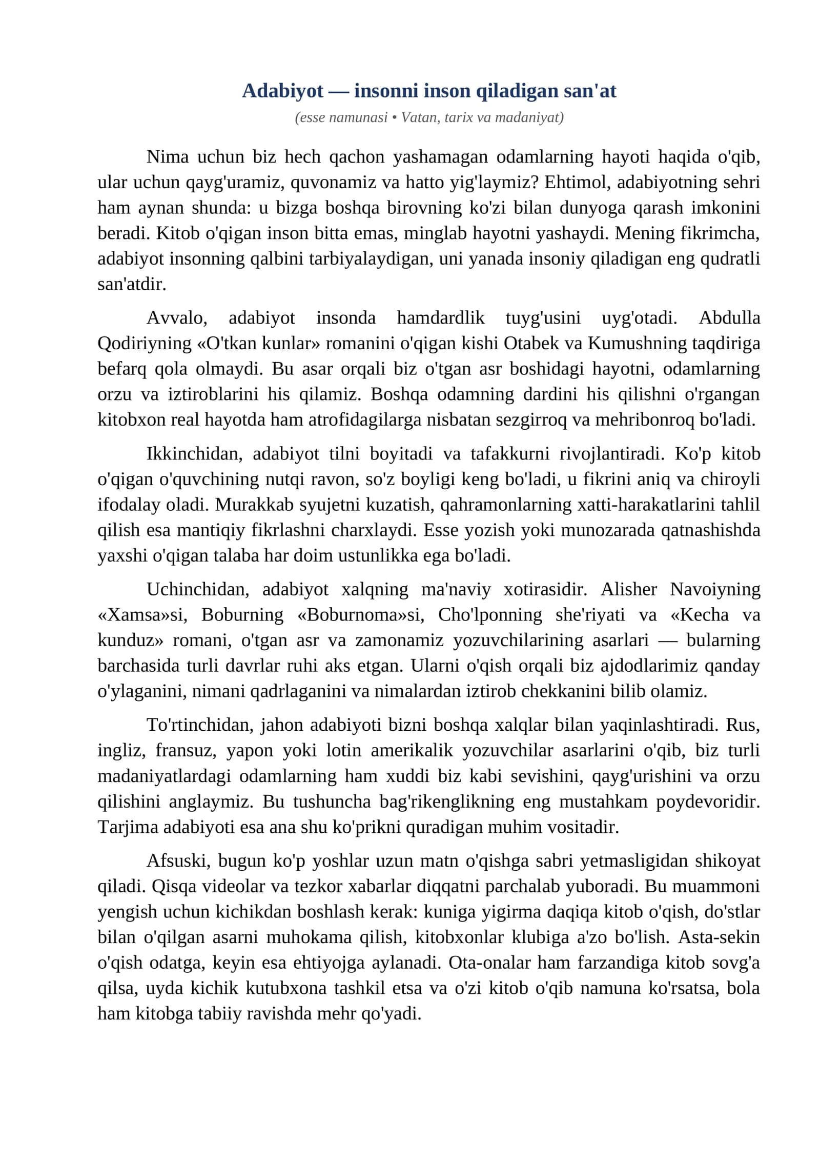 Esse Adabiyot insonni inson qiladigan sanat
