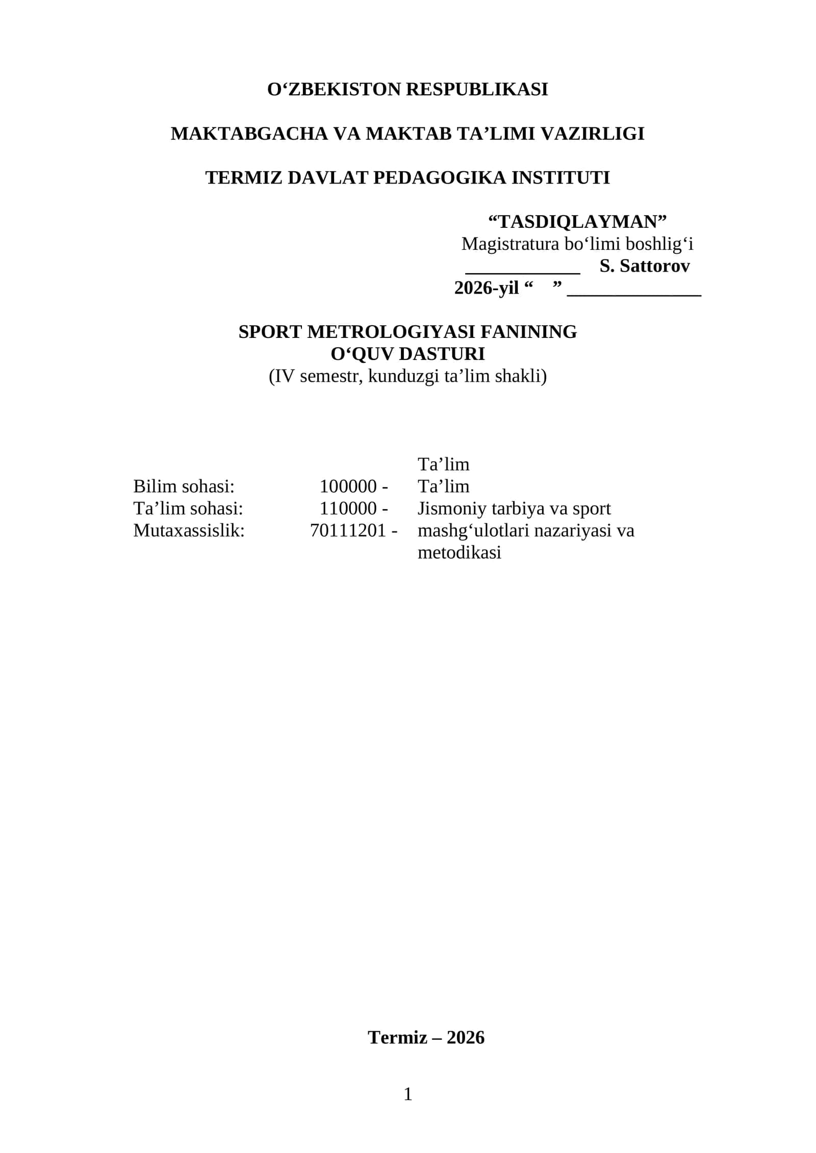 SPORT METROLOGIYASI O'D 2-KURS 2026