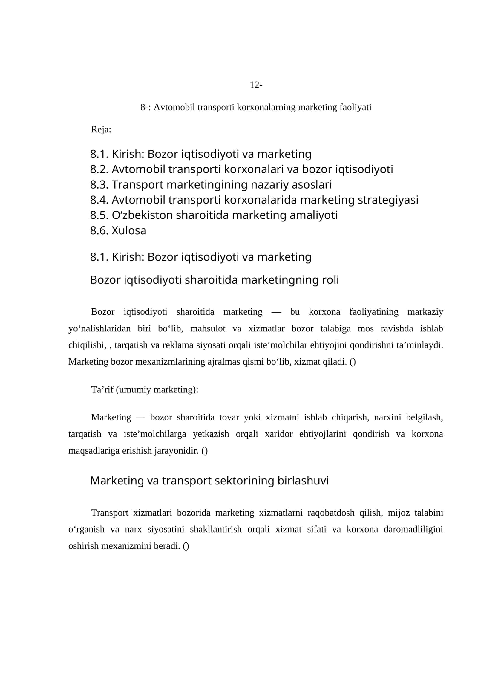 Avtomobil Transporti Korxonalarning Marketing Faoliyati