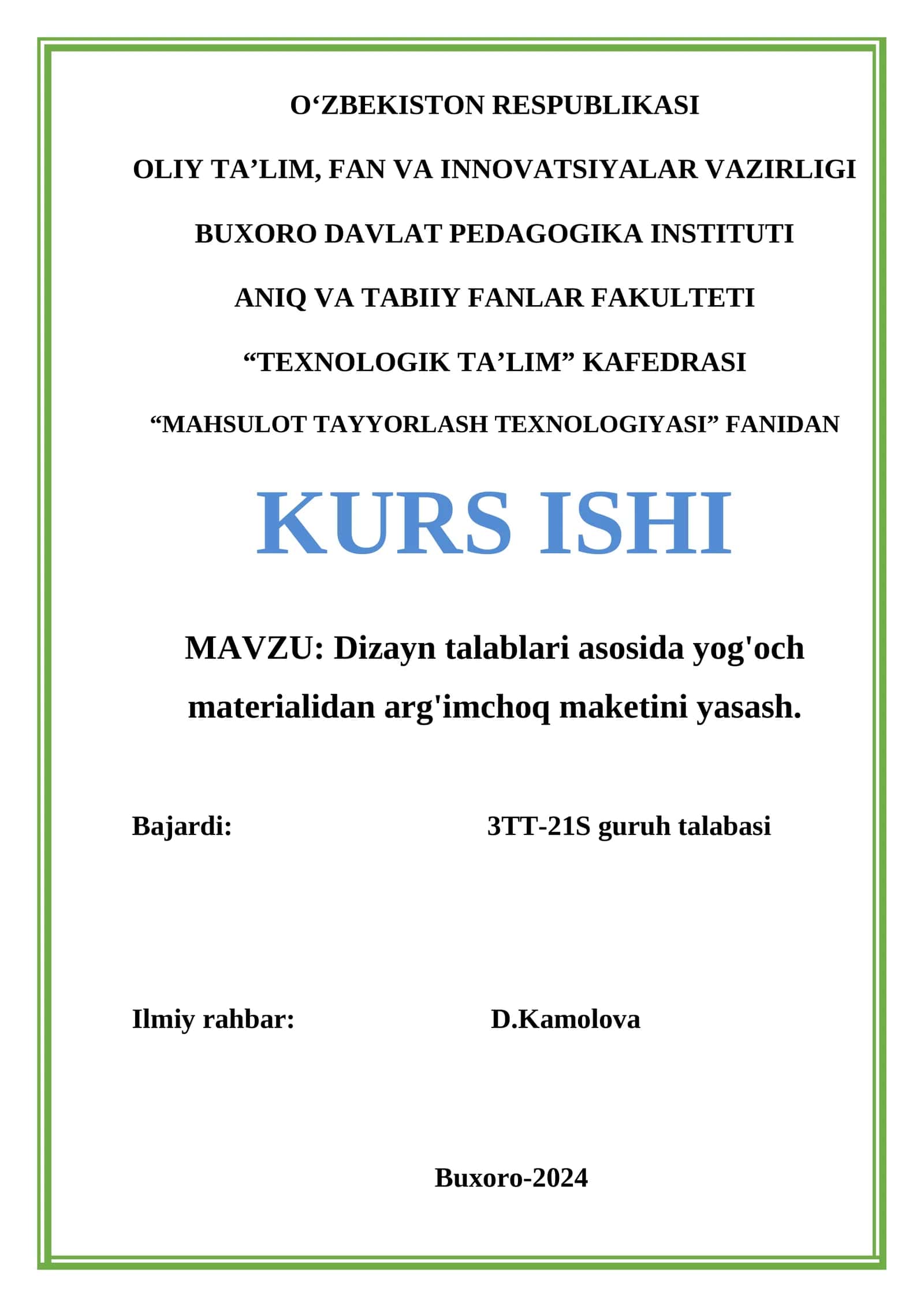 Mahsulot Tayyorlash Texnologiyasi Kurs Ishi
