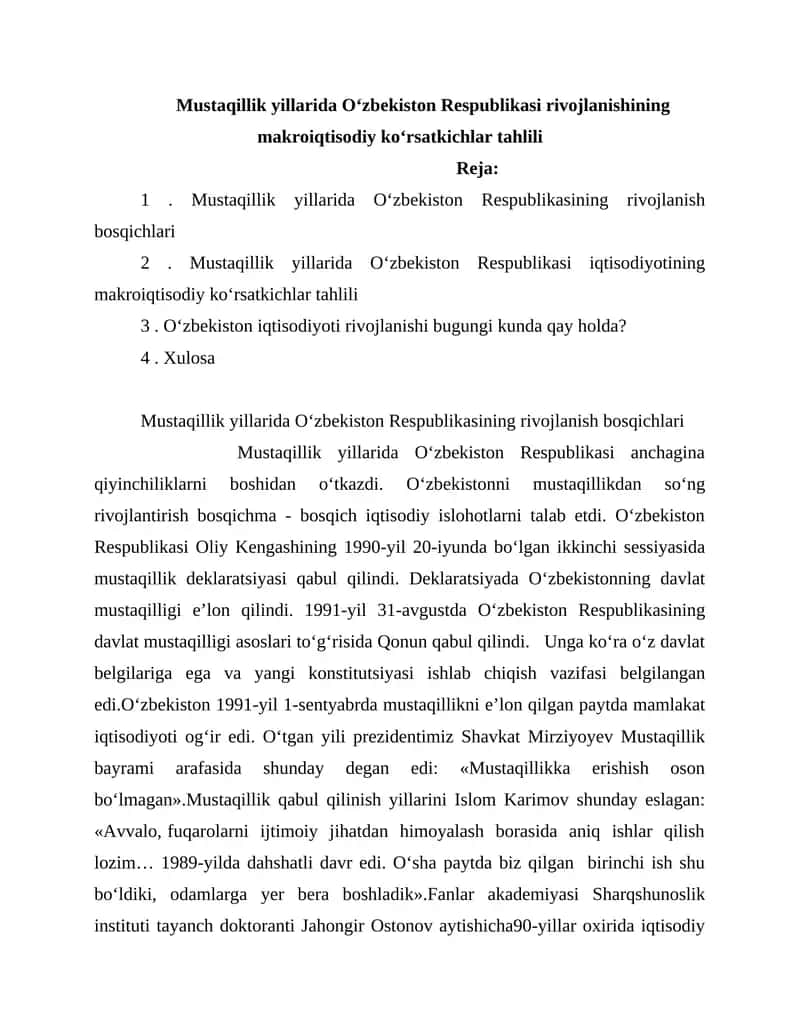 Mustaqillik yillarida Oʻzbekiston Respublikasi rivojlanishining makroiqtisodiy koʻrsatkichlar tahlili