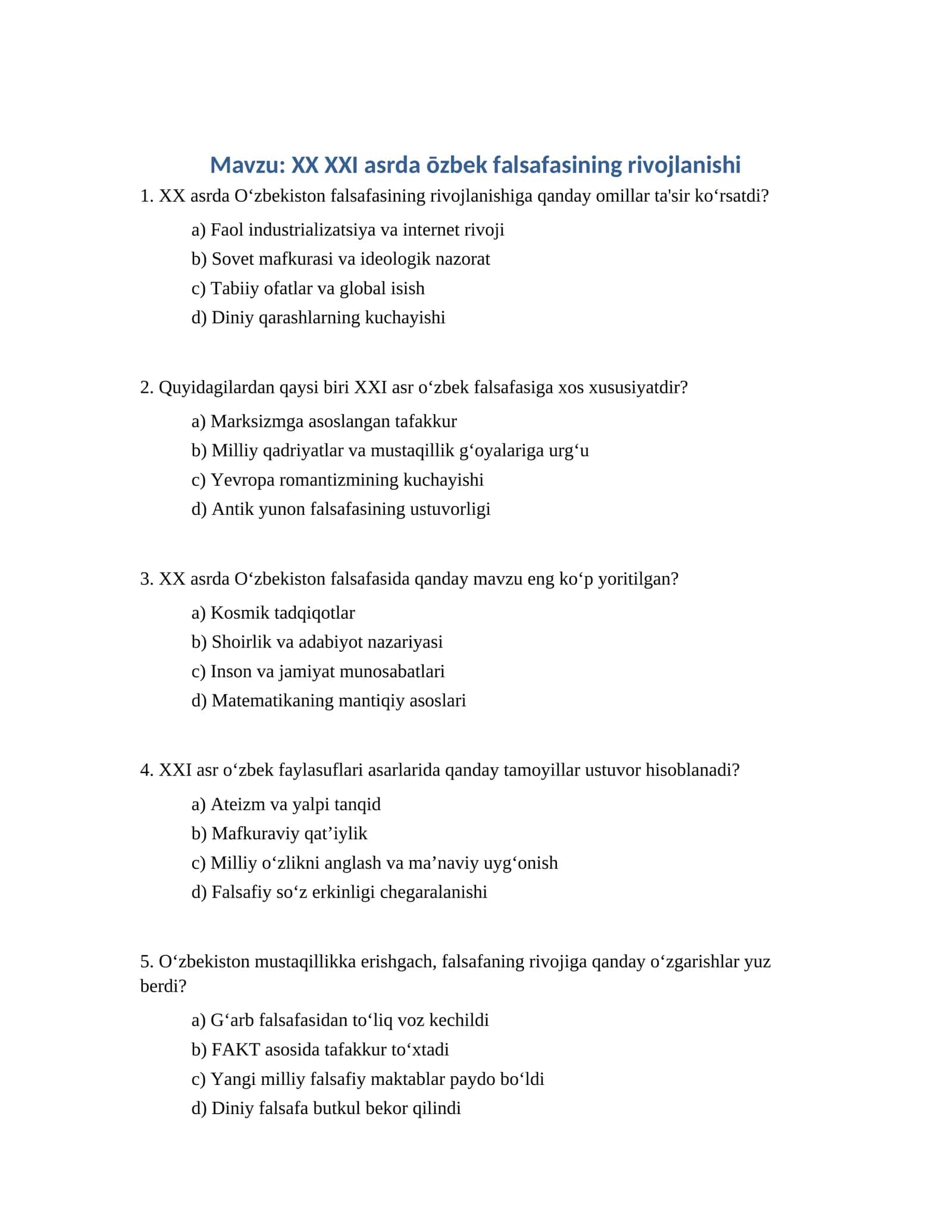 XX XXI asrda ōzbek falsafasining rivojlanishi