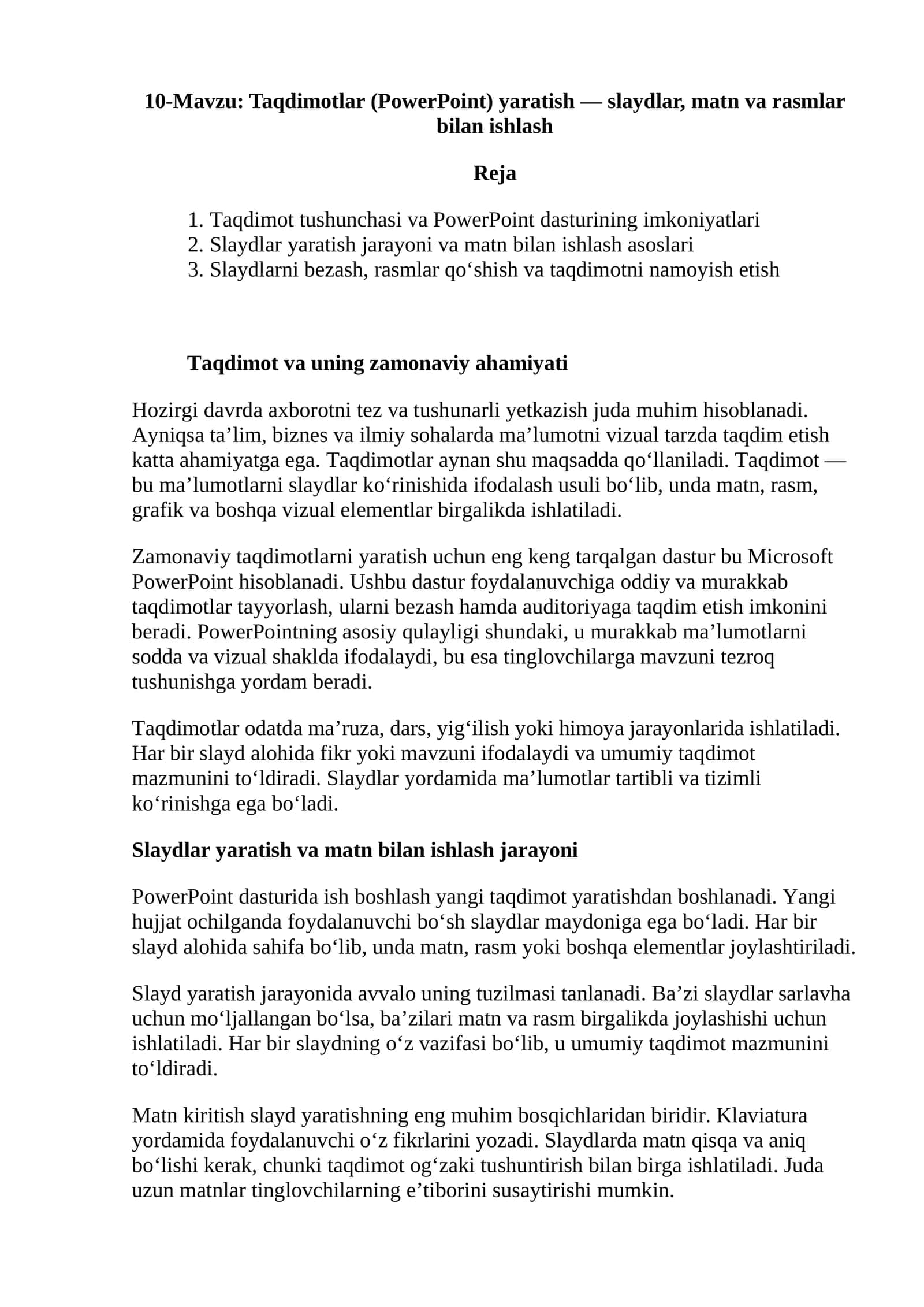 Taqdimotlar (PowerPoint) yaratish — slaydlar, matn va rasmlar bilan ishlash