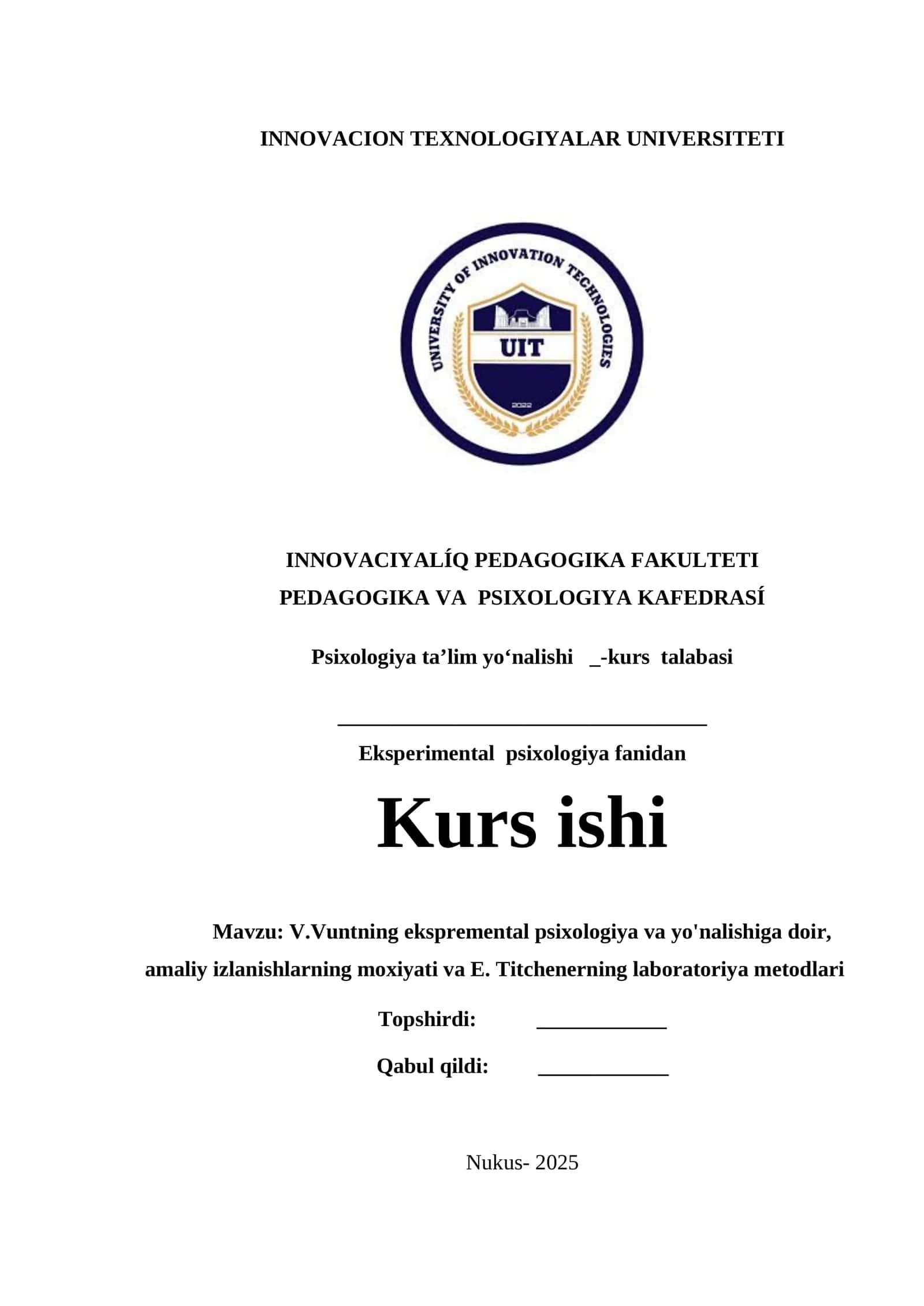 V.Vuntning ekspremental psixologiya va yo'nalishiga doir, amaliy izlanishlarning moxiyati va E. Titchenerning laboratoriya metodlari