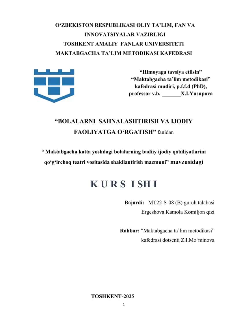 Maktabgacha katta yoshdagi bolalarning badiiy ijodiy qobiliyatlarini qoʻgʻirchoq teatri vositasida shakllantirish mazmuni