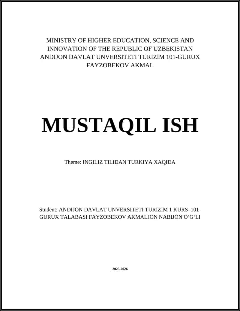 INGILIZ TILIDAN TURKIYA XAQIDA
