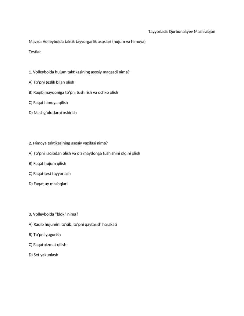 Volleybolda taktik tayyorgarlik asoslari (hujum va himoya)