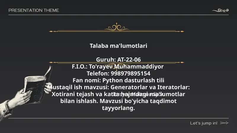 Generatorlar va Iteratorlar: Xotirani tejash va katta hajmdagi ma'lumotlar bilan ishlash. Mavzusi bo'yicha taqdimot tayyorlang