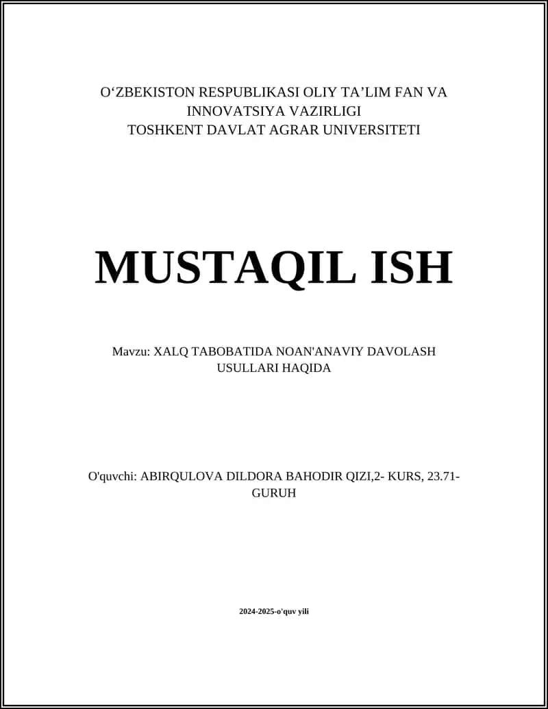 XALQ TABOBATIDA NOAN'ANAVIY DAVOLASH USULLARI