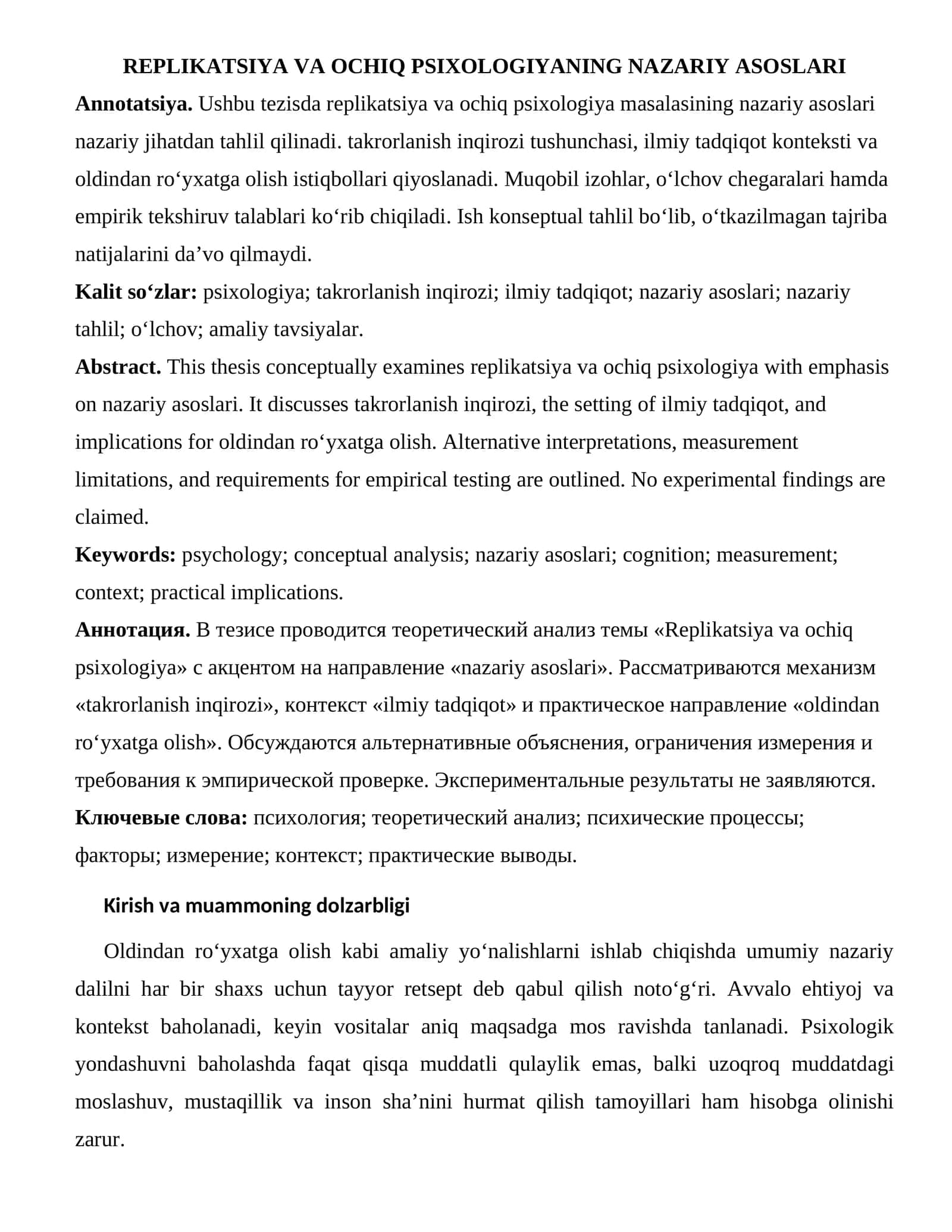 REPLIKATSIYA VA OCHIQ PSIXOLOGIYANING NAZARIY ASOSLARI