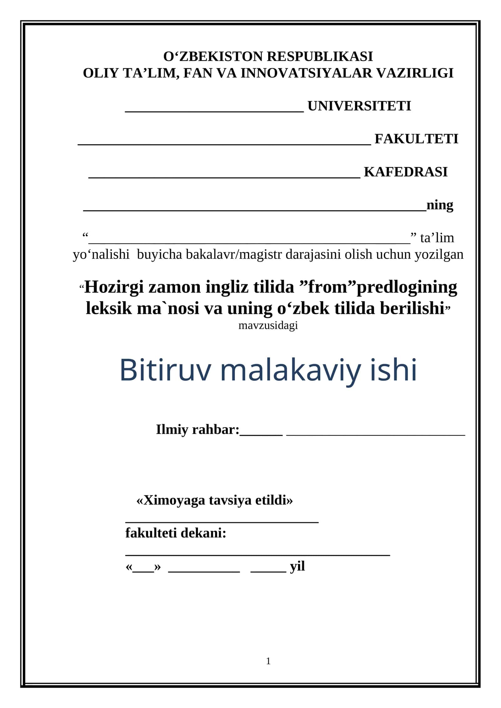 Hozirgi zamon ingliz tilida "from" predlogining leksik ma`nosi va uning o‘zbek tilida berilishi