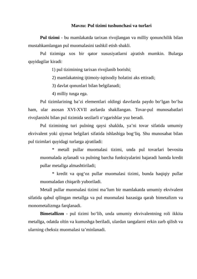 Pul tizimi tushunchasi va turlari