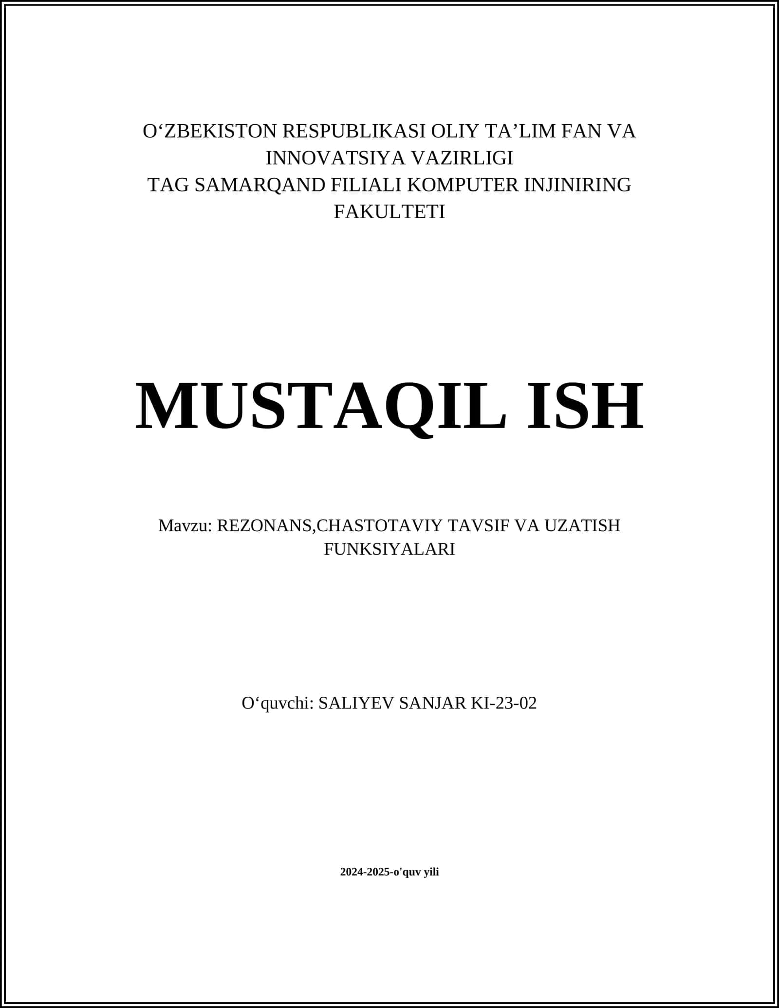 REZONANS,CHASTOTAVIY TAVSIF VA UZATISH FUNKSIYALARI