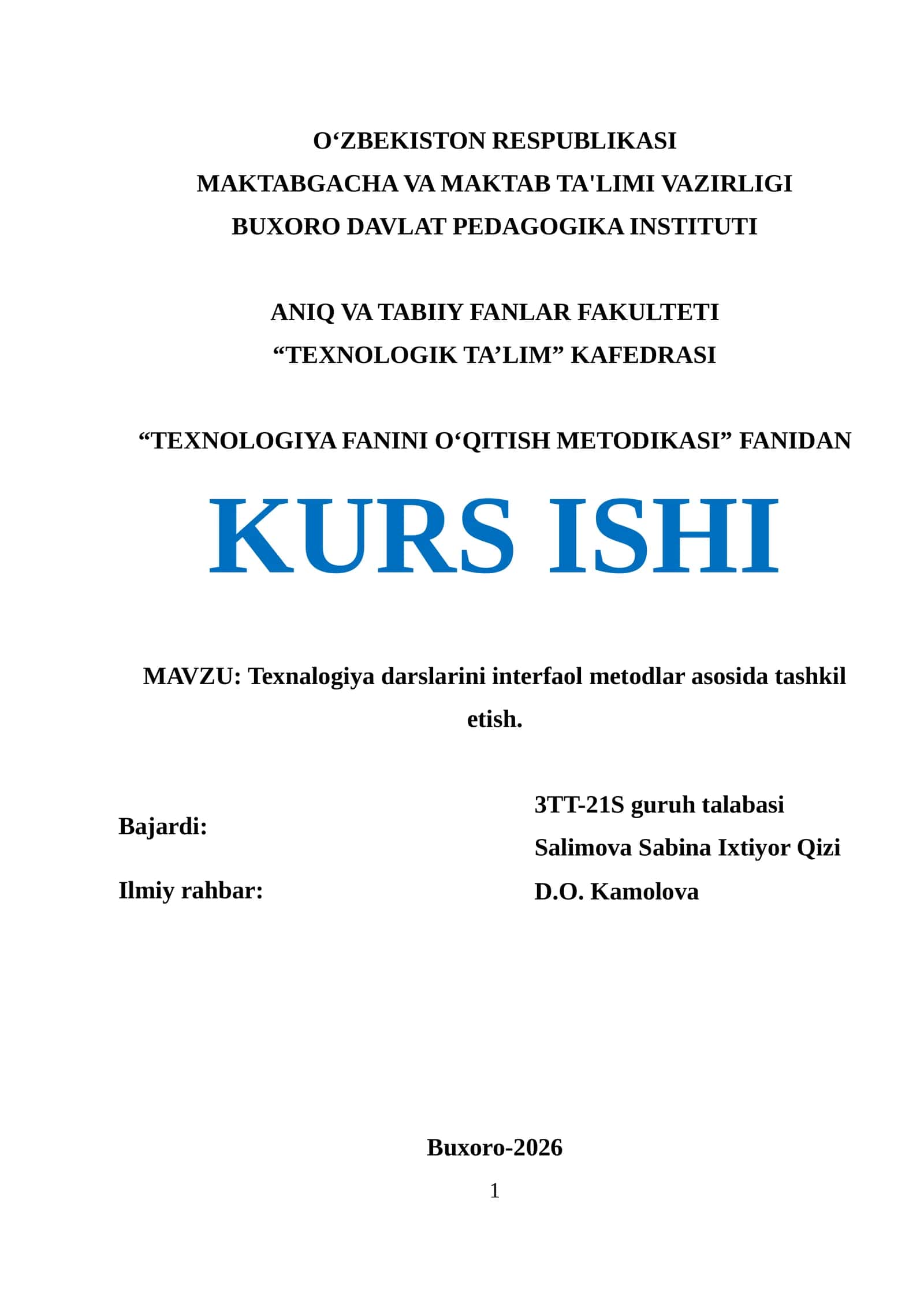 Texnalogiya darslarini interfaol metodlar asosida tashkil etish