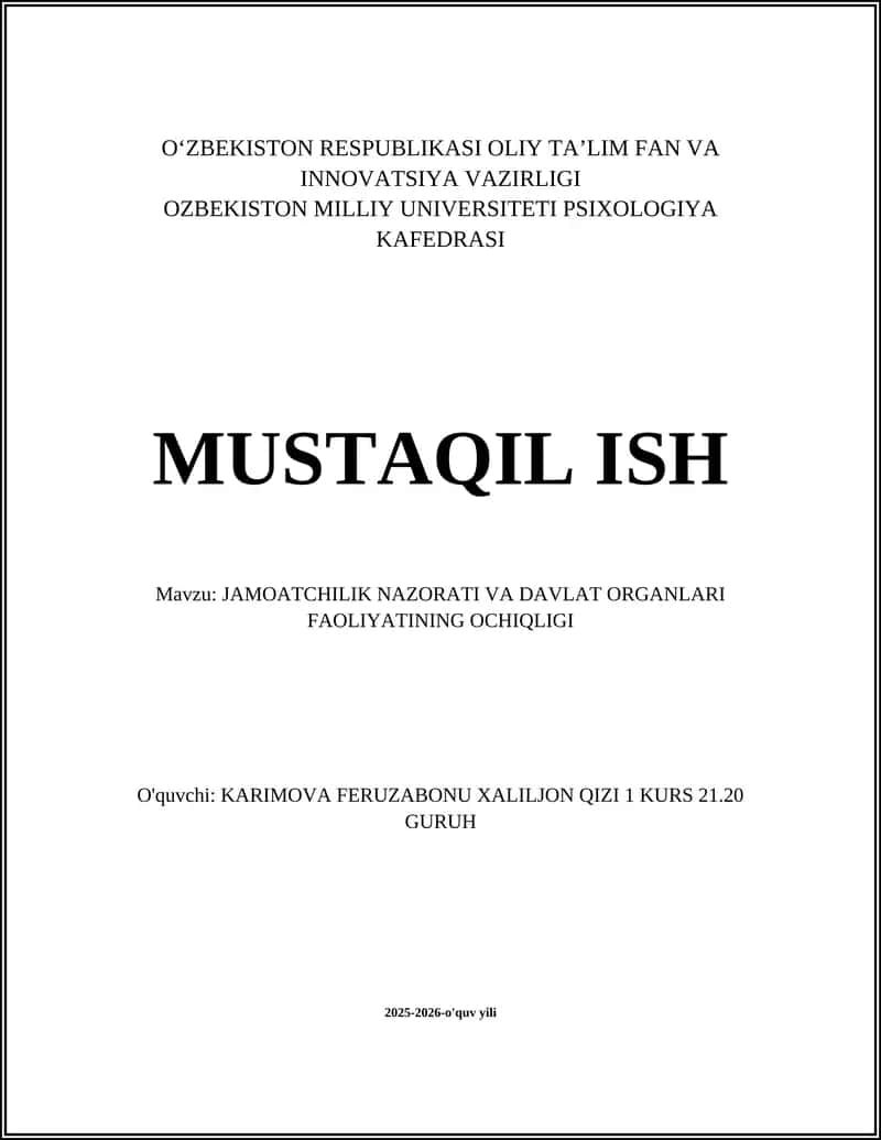 JAMOATCHILIK NAZORATI VA DAVLAT ORGANLARI FAOLIYATINING OCHIQLIGI
