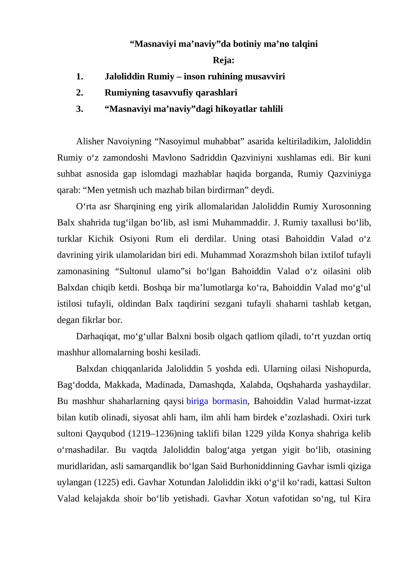“Masnaviyi ma’naviy”da botiniy ma’no talqini